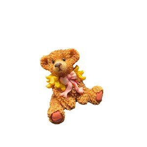 Vintage Artmart Girl Teddy Bear Figurine With Pink Bow & Yellow Flower Accent